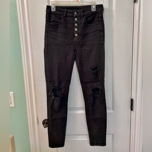 High Rise Black Ripped Skinny Jeans with Buttons